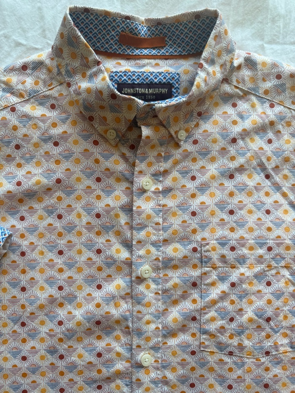 Johnston & Murphy Short Sleeve Button-Up in Orange and White Geometric